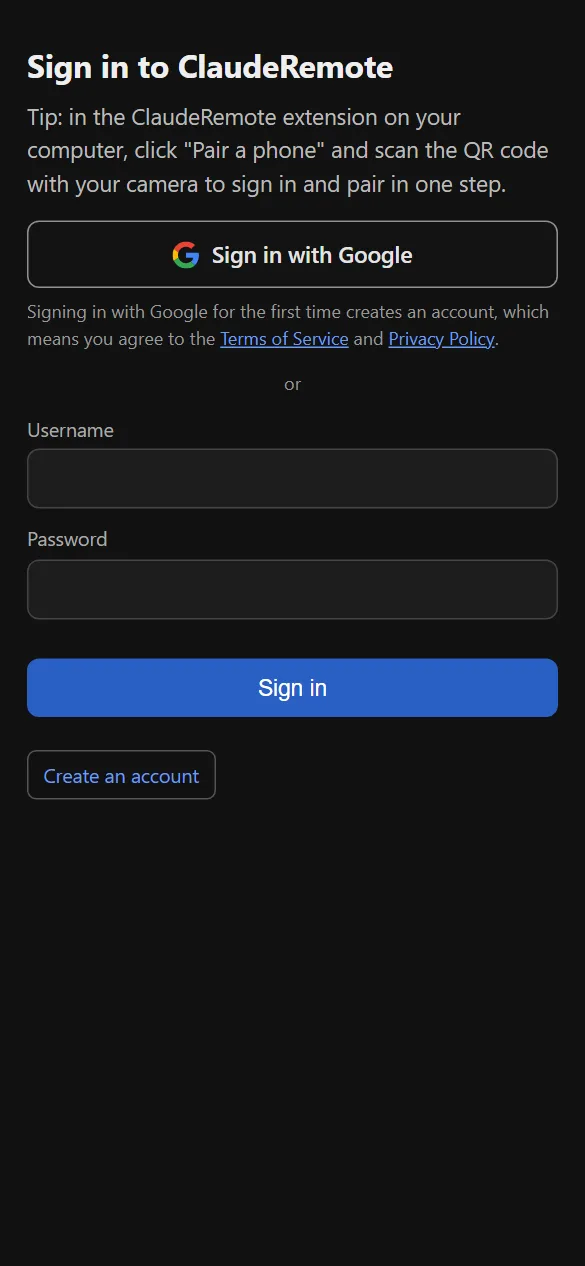 Sign-in page on the phone