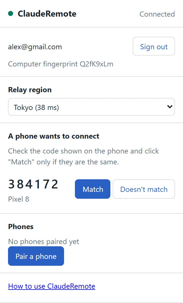 Extension popup on the computer: compare the 6-digit code with your phone