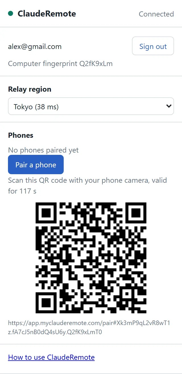 The QR code after clicking "Pair a phone" (this one is only an example; scan the one in your own extension)