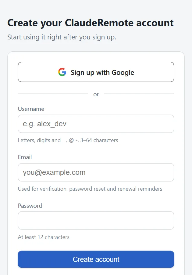 Sign-up page: click "Sign up with Google", or fill in the form